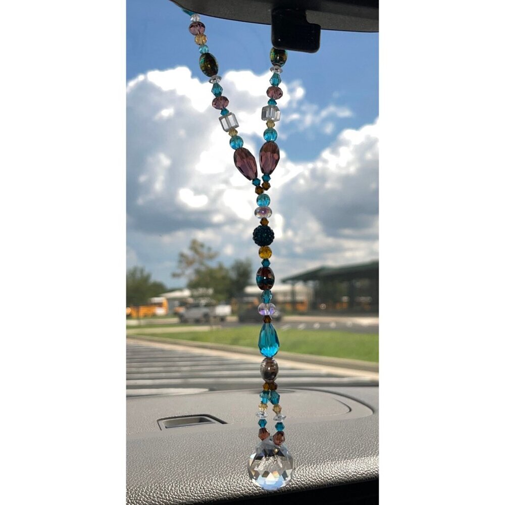 Beaded Suncatcher Rearview Mirror Ornament Blue Brown Crystal Prism Car Charm